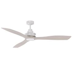 a white ceiling fan with two blades