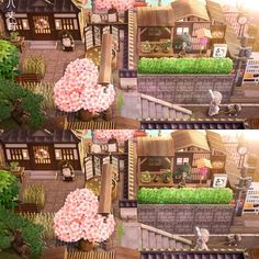 the screenshot shows different views of an outdoor area with trees, bushes and buildings