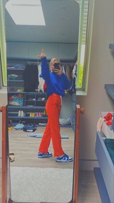 Orange Trousers Outfit, Orange And Blue Outfit, Blue Cargo Pants Outfit, Red Trousers Outfit, Bright Blue Pants, Blue Pants Outfit, 30th Birthday Outfit, Royal Blue Outfits