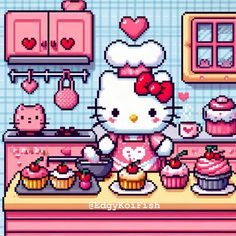 hello kitty is cooking cupcakes in the kitchen