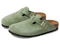 Birkenstock Boston Soft Footbed - Suede - Women's Clog/Mule Shoes : Green Tea : Complete your look with the Birkenstock Boston Soft Footbed - Suede clog. Suede upper with an adjustable strap. Anatomically correct cork/latex footbed, crafted from cork that is 100% renewable and sustainable, encourages foot health. The suede lined, contoured footbed will mold to the shape of your foot creating a custom footbed that supports and cradles you each and every step. Raised toe bar is designed to encourage the natural gripping motion of your feet, exercising your legs and aiding circulation. Neutral heel profile and deep heel cup keeps the natural padding of your foot where it belongs, under the heel, distributing your body weight more evenly. Flexible EVA outsole offers lightweight, shock absorbin Birkenstock Boston Soft Footbed, Boston Soft Footbed, Half Shoes, Shoes Slides, Cozy Clothes, Neutral Heels, Mule Shoes, Suede Clogs, All Nike Shoes