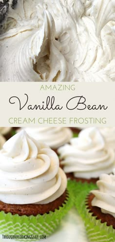 vanilla bean cream frosting on top of cupcakes with the title overlay