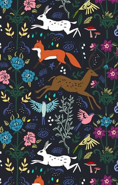 an image of a pattern with animals and flowers on black background for fabric or wallpaper