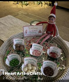 an elf is sitting on top of a basket filled with candies and candys