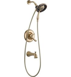 the shower faucet is shown with an overhead hand shower head and handset