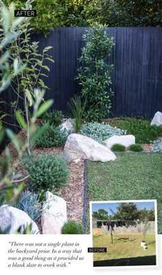 an image of a garden with rocks and plants in it, before and after landscaping