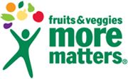 the logo for fruits and veggies more matters, with a person holding an apple