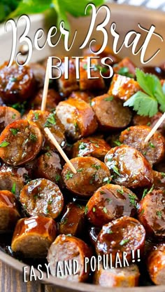 the cover of beer brats bites is shown with toothpicks sticking out of them