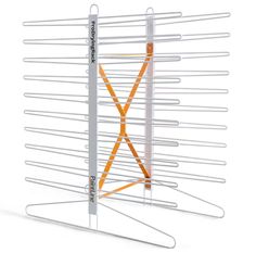 an orange and silver rack with many metal bars on it's sides, in front of a white background