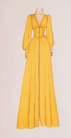 a drawing of a woman's yellow dress with long sleeves and an open back