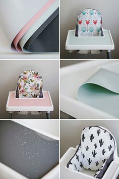 four pictures of different chairs and trays with various designs on them, including one for a baby's highchair