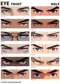 an image of the eyes and eyebrows of anime characters with different types of blue eyes