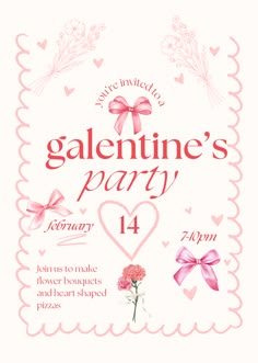 a valentine's party flyer with pink flowers and hearts on the front, in white background