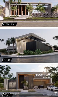 three different views of a modern house with palm trees in the foreground and on the far side