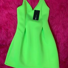 Fashion Nova Dress New With Tags Size Medium Neon Green Trendy Green A-line Mini Dress, Green Lined Midi Dress, Green A-line Mini Dress For Day Out, Trendy Green Mini Dress For Evening, Green Mini Dress For Spring Party, Green Summer Cocktail Mini Dress, Green Lined Midi Dress For Party, Green A-line Mini Dress For Date Night, Spring V-neck Dress For Going Out