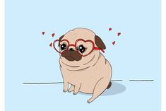 a pug wearing glasses sitting on the ground with hearts coming out of its eyes