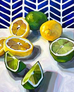 a painting of lemons and limes on a table