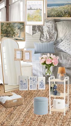 a collage of pictures and furniture in a room with blue accents on the walls