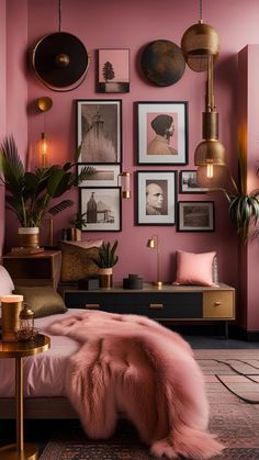 a bedroom with pink walls and pictures on the wall, including a fur rug in front of a bed