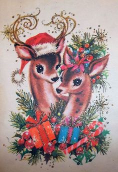 a christmas card with two deers and presents