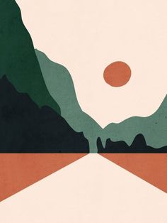 an abstract landscape with mountains, hills and a red sun in the sky above it