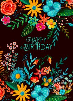 a birthday card with colorful flowers and leaves on it's black backgroun