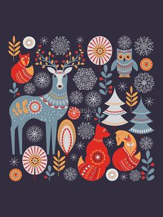 an image of christmas decorations with deers and birds in the background on a dark blue background