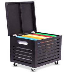 a black storage box with wheels and colored folders in it