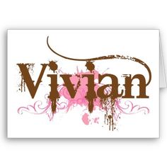 a white card with the word vivan in brown and pink paint splattered on it