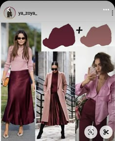 Silk And Denim Outfit, Interesting Color Combinations Outfits, Satin Skirt Outfit Midsize, Fall 2023 Fashion Trends Women Work, Color Matching Clothes Women, Deep Autumn Summer Outfits, Pink Combination Outfit, Pink Color Combinations Outfit, Pink And Burgundy Outfit