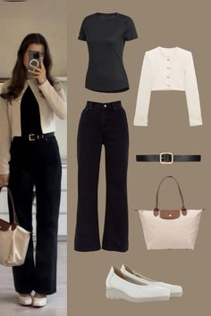 Outfit Inspo | Round Neck Short Sleeve Black T-Shirt, Beige Textured Cropped Balzer with Women's Straight Leg Jeans | with Beige Leather Tote Bag | Outfit Inspiration | Casual Outfits | Casual Work Outfit | Women's Fashion Black Straight Leg Jeans Outfit, Leather Tote Bag Outfit, Brown Jeans Outfit, Tote Bag Outfit, Black Pants Outfit, Straight Leg Jeans Outfits, Outfit Ideas Casual, Trousers Outfit, Trendy Outfits Indian