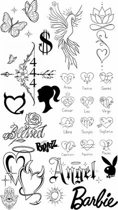 some tattoos that are on the back of a white sheet with black lettering and symbols