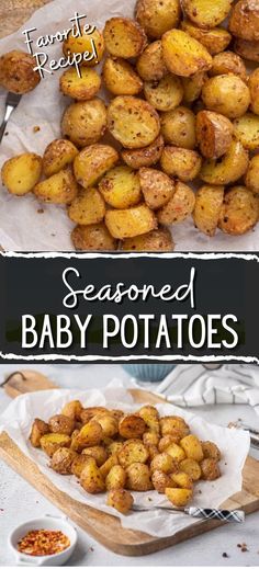 Collage of overhead shot of seasoned baby potatoes at top and pile of seasoned baby potatoes on cutting board at bottom. Air Fry New Potatoes, Toasted Potatoes In Air Fryer, Baby Russet Potato Recipes, Small Golden Potatoes Recipes Air Fryer, Small New Potatoes Recipe, Air Fryer Small Roasted Potatoes, What To Do With Small Potatoes, Old Bay Potatoes, Small Potatoes Recipe Ovens Easy