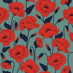 red poppies on a blue background with leaves and stems, seamless floral pattern