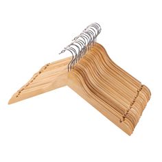 wooden clothes hangers with metal clips on them