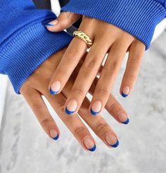 Blue French Tip Natural Nails, French With Blue Tips, Colored French Manicure Nails, Short Blue French Tip Nails, Royal Blue French Tips, Tenerife Nails, French Tip On Short Nails, Navy French Tip Nails, French Manicure Blue