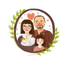 a family portrait with leaves and hearts in the background