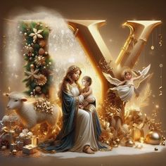 the letter y is decorated with angels and christmas decorations, including an angel holding a baby