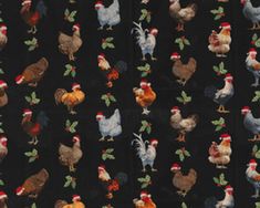 a black background with chickens and holly leaves