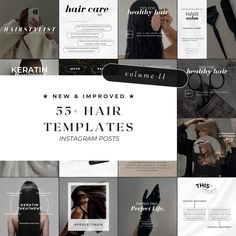 a collage of hair images with the text new and improve 55 hair templates instagram posts