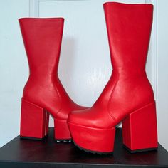 Hot Red Lamoda Chunky Platform Boots. Vegan Leather. Brand New, Never Worn Before. Heel Height: 4.7” Platform: 2” Trendy Red Platform Boots With Round Toe, Trendy Red Platform Boots For Parties, Red Platform Heeled Boots For Party, Red Platform Boots For Fall, Red Party Platform Boots, Red Platform Boots With Red Sole For Party, Red Square Toe Heeled Boots For Party, Bold Red Heeled Boots With Round Toe, Bold Red Round Toe Heeled Boots