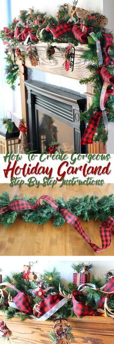 christmas garland with red and green plaid ribbon hanging from the fireplace mantel, decorated for holiday