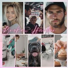 a collage of photos with people, dogs and cupcakes in the middle