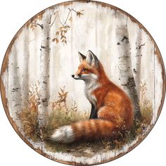 a painting of a red fox sitting in the woods with birch trees around it's edges