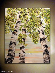 a painting of three birch trees with green leaves