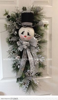 a snowman wreath hanging on the front door