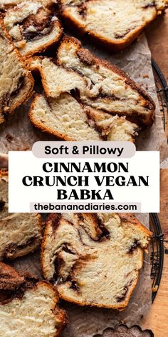 soft and chewy cinnamon crunch vegan banana bread on a cutting board with text overlay