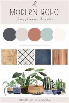 the modern boho poster is shown with potted plants in different colors and shapes