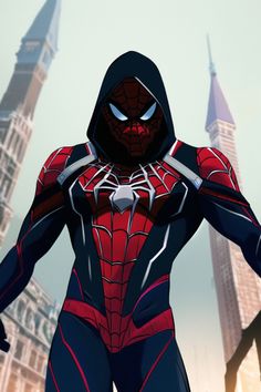 a spider - man standing in front of some tall buildings