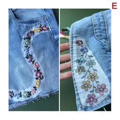 two pictures showing how to sew an old pair of jeans with flowers on them